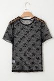 Black Bow Knot Dotted See-through Mesh Patched Slim Fit Blouse