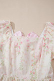 Pink Floral Puff Sleeve Square Neck Knotted Open Back Ruffled Mini Dress