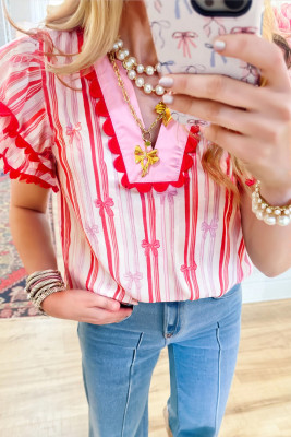 Pink Ric-rac Trim Ruffled Sleeve V Neck Bow Striped Printed Blouse