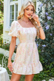 Pink Floral Puff Sleeve Square Neck Knotted Open Back Ruffled Mini Dress