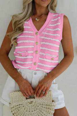 Pink Stripe V Neck Gold Buttons Elegant Sweater Vest