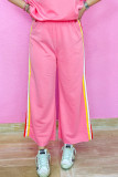 Bonbon Color Contrast Crewneck T Shirt and Wide Leg High Waist Pants Set