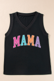 Black MAMA V Neck Loose Fit Tank Top
