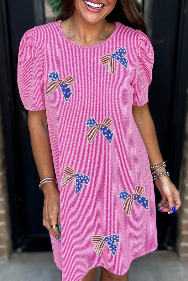 Bright Pink Flag Pattern Inspired Sequin Bow Spiral Ribbed Puff Sleeve T Shirt Dress