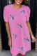 Bright Pink Flag Pattern Inspired Sequin Bow Spiral Ribbed Puff Sleeve T Shirt Dress
