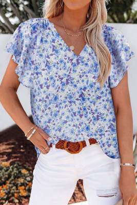 Blue Flutter Sleeve V Neck Floral Summer Blouse