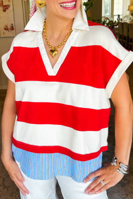 Red Stripe Collar V Neck Cuffed Dolman Short Sleeve Top