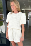White Solid Color Checkered Texture Short 2pcs Outfit
