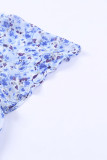 Blue Flutter Sleeve V Neck Floral Summer Blouse