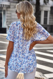 Blue Flutter Sleeve V Neck Floral Summer Blouse