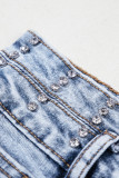 Beau Blue Rhinestone Light Wash Raw Hem High Waist Denim Shorts