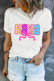White MAMA Checkered Bow Knot Print Crewneck T Shirt