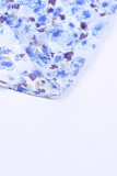 Blue Flutter Sleeve V Neck Floral Summer Blouse