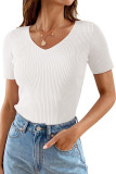 White V Neck Ribbed Knit Lightweight Short Sleeve Sweater