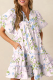 Pink Floral Striped Print Contrast Trim Tie Split Neck Mini Dress