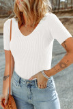 White V Neck Ribbed Knit Lightweight Short Sleeve Sweater