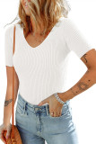 White V Neck Ribbed Knit Lightweight Short Sleeve Sweater