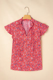 Red Floral Tie Split Neck Short Flounce Sleeve Crinkled Blouse