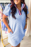 Beau Blue Contrast Striped Trim Zipped Stand Collar Textured Puff Sleeve Plus Size T Shirt Dress