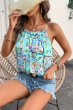 White Rhinestone Boho Floral Printed Spaghetti Strap Tank Top