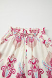 Rose Boho Printed Shirred High Waist Flowy Wide Leg Pants