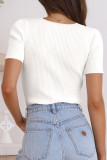 White V Neck Ribbed Knit Lightweight Short Sleeve Sweater