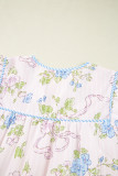 Pink Floral Striped Print Contrast Trim Tie Split Neck Mini Dress