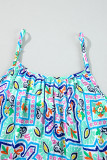 White Rhinestone Boho Floral Printed Spaghetti Strap Tank Top
