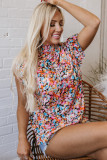 Orange Floral Print Flutter Sleeve Blouse Top