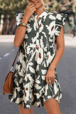 Floral Flutter Sleeve Buttons Ruffled Hem Mini Dress