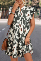 Floral Flutter Sleeve Buttons Ruffled Hem Mini Dress