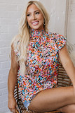 Orange Floral Print Flutter Sleeve Blouse Top