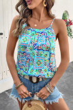 White Rhinestone Boho Floral Printed Spaghetti Strap Tank Top