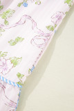 Pink Floral Striped Print Contrast Trim Tie Split Neck Mini Dress