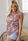 Orange Floral Print Flutter Sleeve Blouse Top