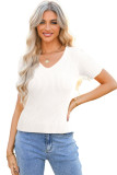 White V Neck Ribbed Knit Lightweight Short Sleeve Sweater