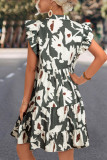 Floral Flutter Sleeve Buttons Ruffled Hem Mini Dress