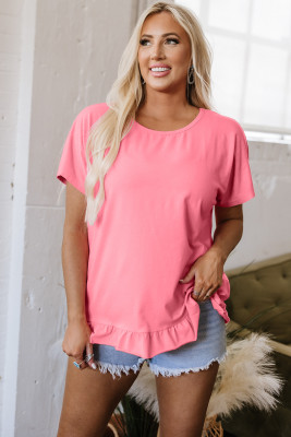 Pink Frilled Hem Loose T-Shirt