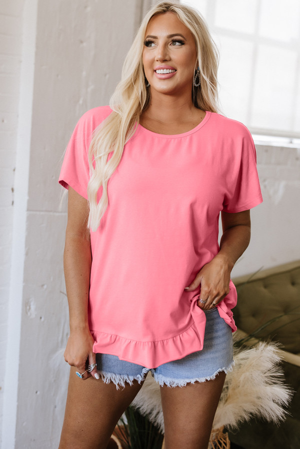 Pink Frilled Hem Loose T-Shirt