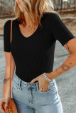 Black V Neck Ribbed Knit Lightweight Short Sleeve Sweater