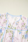 Pink Floral Striped Print Contrast Trim Tie Split Neck Mini Dress