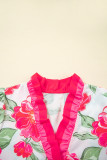 Rose Floral Print Ruffle Striped Trim Short Sleeve Blouse