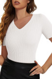 White V Neck Ribbed Knit Lightweight Short Sleeve Sweater