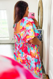 Rose Abstract Printed Puff Sleeve Square Neck Smocked Bust Tied Back Plus Size Dress
