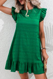 Dark Green Textured Flutter Sleeve Ruffled Mini Dress
