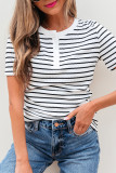 White Stripe Textured Short Sleeve Buttoned Henley Top