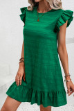 Dark Green Textured Flutter Sleeve Ruffled Mini Dress
