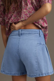 Dusk Blue Pleated Patchwork Panel Lightweight Denim Shorts