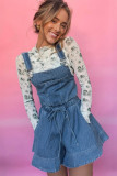 Sky Blue Buckle Straps Bib Style Drawstring Tied Backless Flared Denim Romper