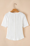 White Snap Button Drawstirng Tie Neck Textured Half Sleeve Shirt
